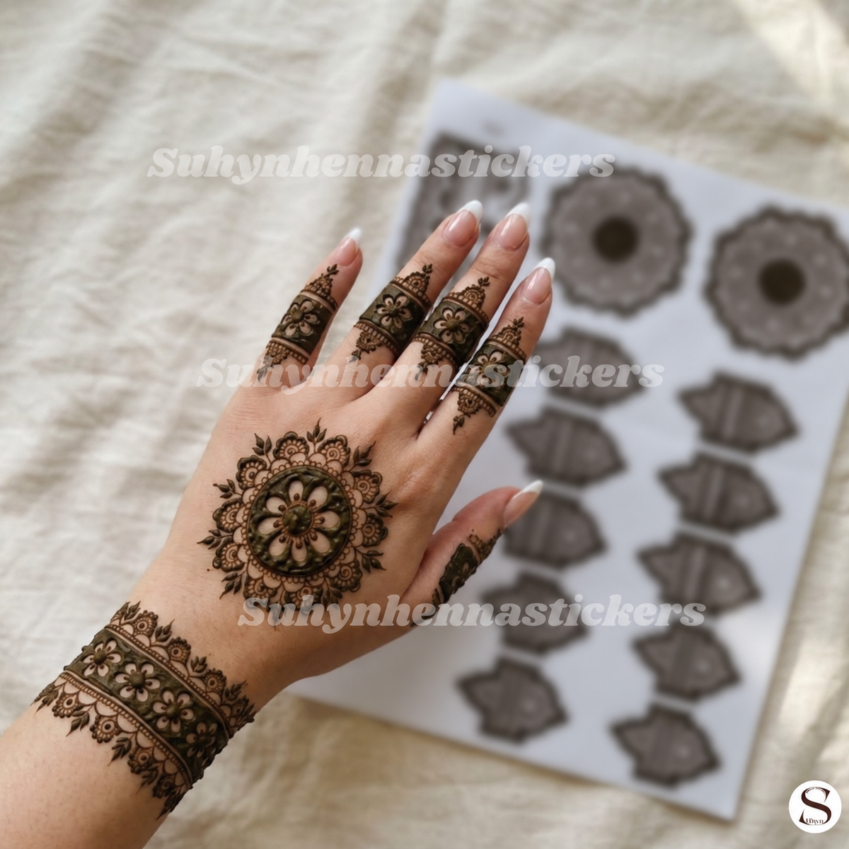 Floral mandala back hand mehendi sticker with matching fingers and bracelet wrist design by SUHYN
