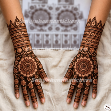Floral mandala full back hand mehendi sticker with flower fingers, leaf bands and wrist designs by SUHYN