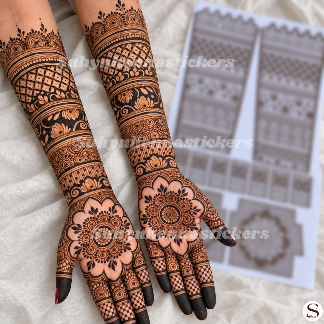 Full hand bridal mehendi sticker with large palm flowers, net patterns and detailed forearm designs by SUHYN