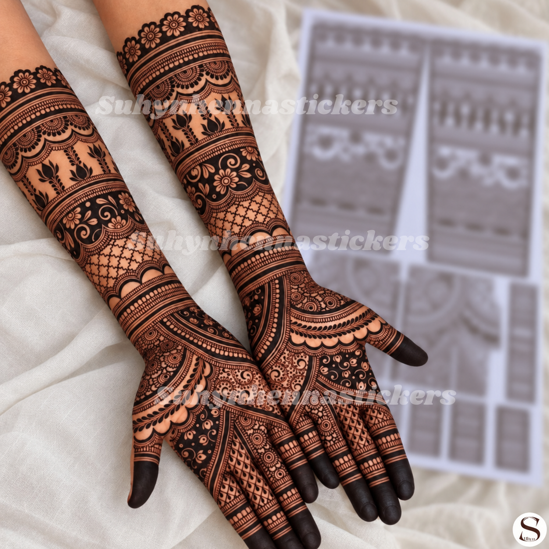 Full hand bridal mehendi sticker with leaf, flower, net and detailed palm designs by SUHYN