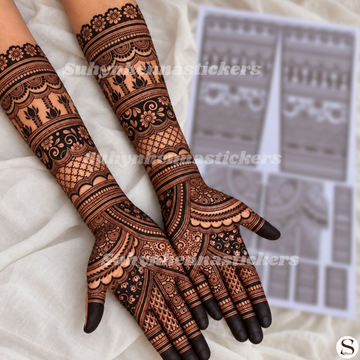 Full hand bridal mehendi sticker with leaf, flower, net and detailed palm designs by SUHYN