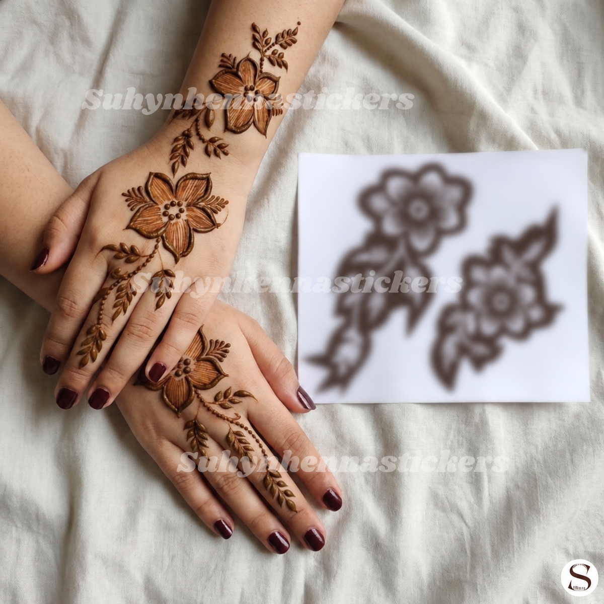 Garden Lily Cascade Mehendi Stencil with open-petal flowers, leafy branches and flowing botanical trails by Suhyn
