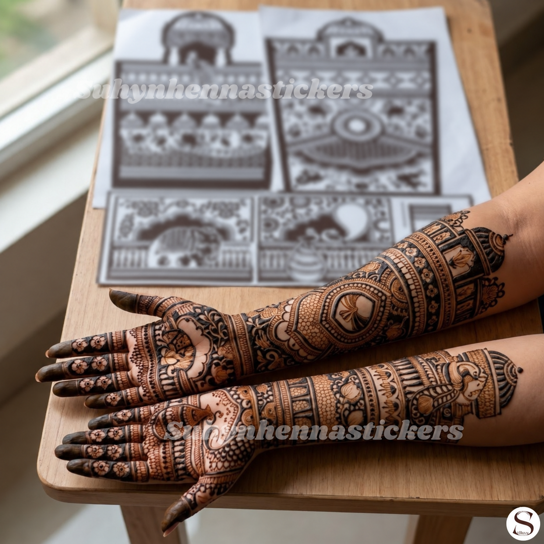 Heritage elephant peacock bridal Mehendi stencil with traditional ornamental panels and intricate hand patterns by Suhyn