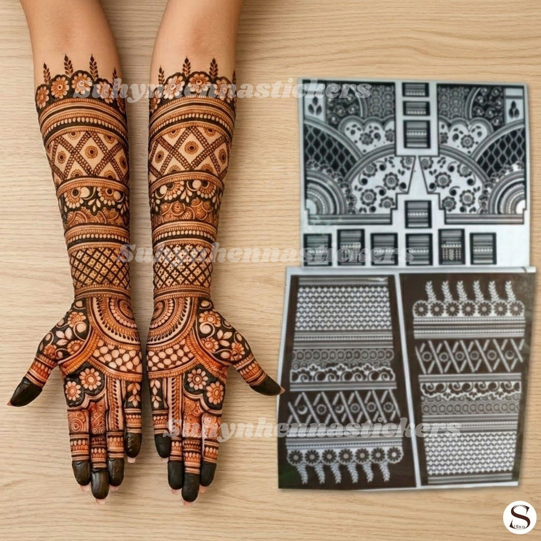 Suhyn Heritage Garland bridal mehendi stencil with flower borders, diamond patterns, net detailing and ornamental palm sections