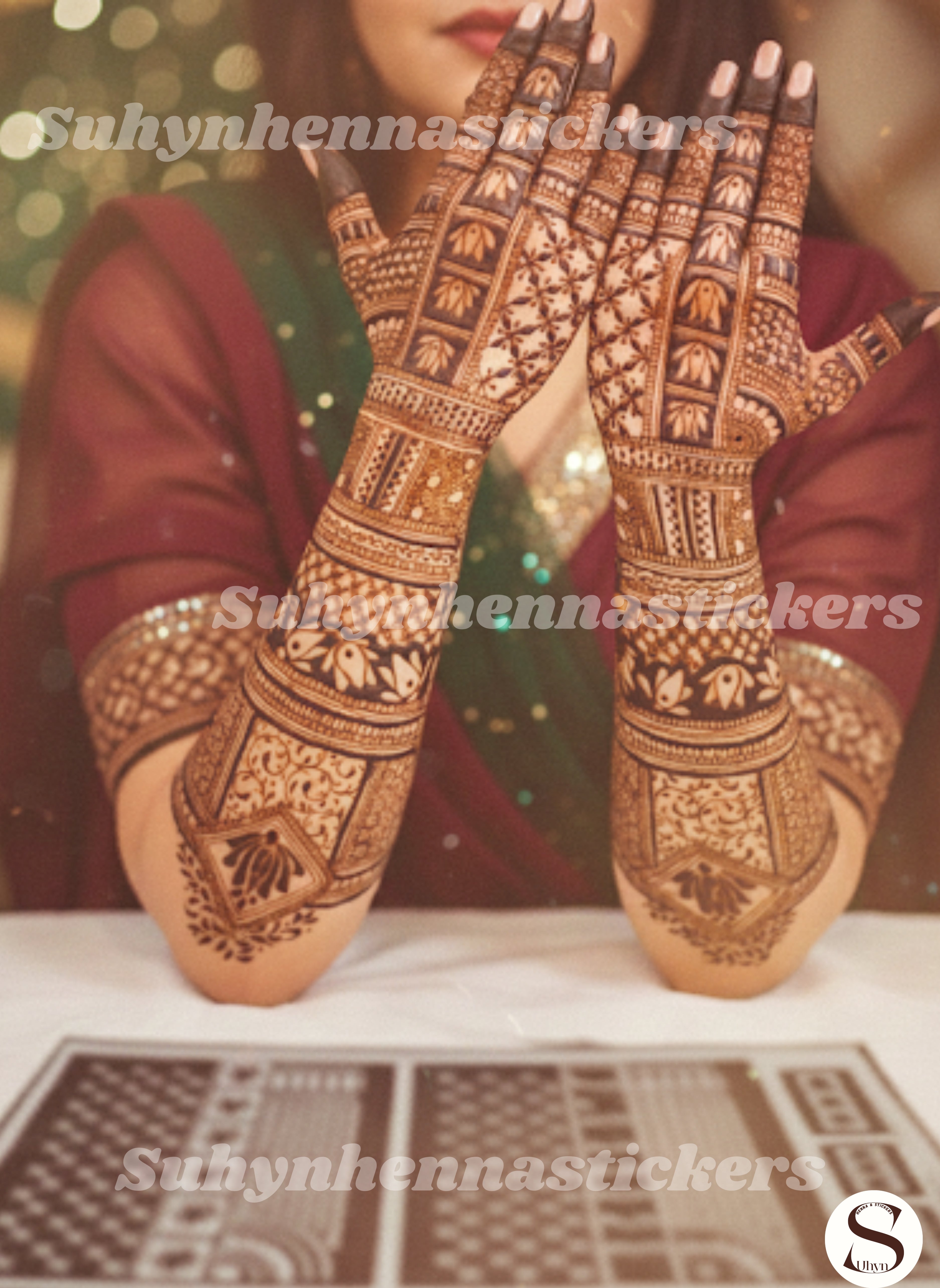 Heritage bridal mehendi sticker with lotus panels, floral lattice, detailed finger sections and extended forearm patterns by Suhyn
