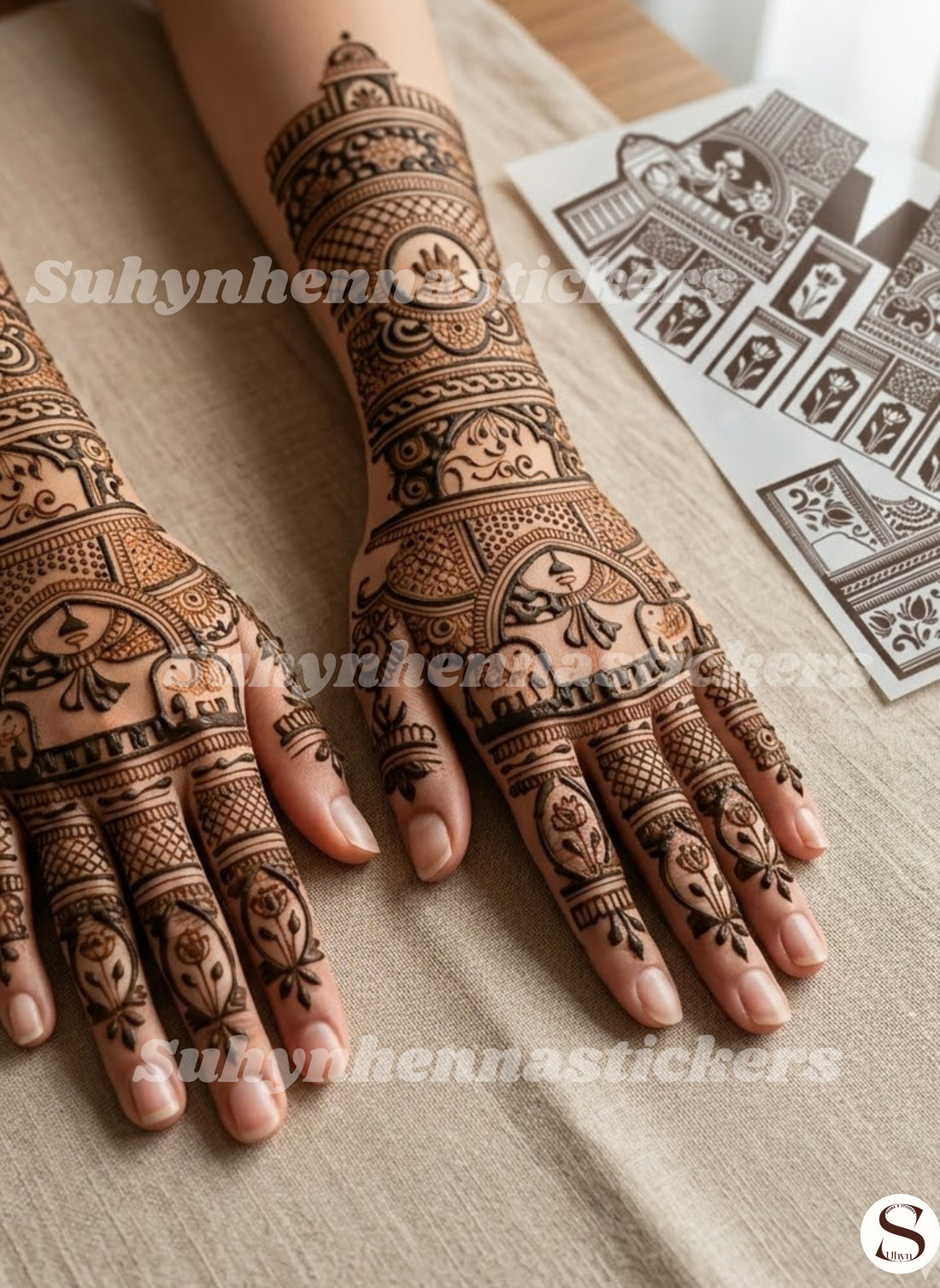 Elephant arch heritage Mehendi sticker with traditional elephant motifs, ornamental panels, floral details and full hand patterns by Suhyn

