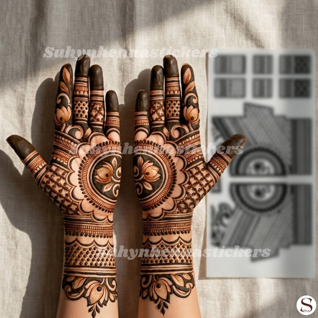 ALT TEXT
Semi-bridal lotus mehendi stencil with large floral palm arches, patterned fingers, net detailing and decorative wrist sections on both handS