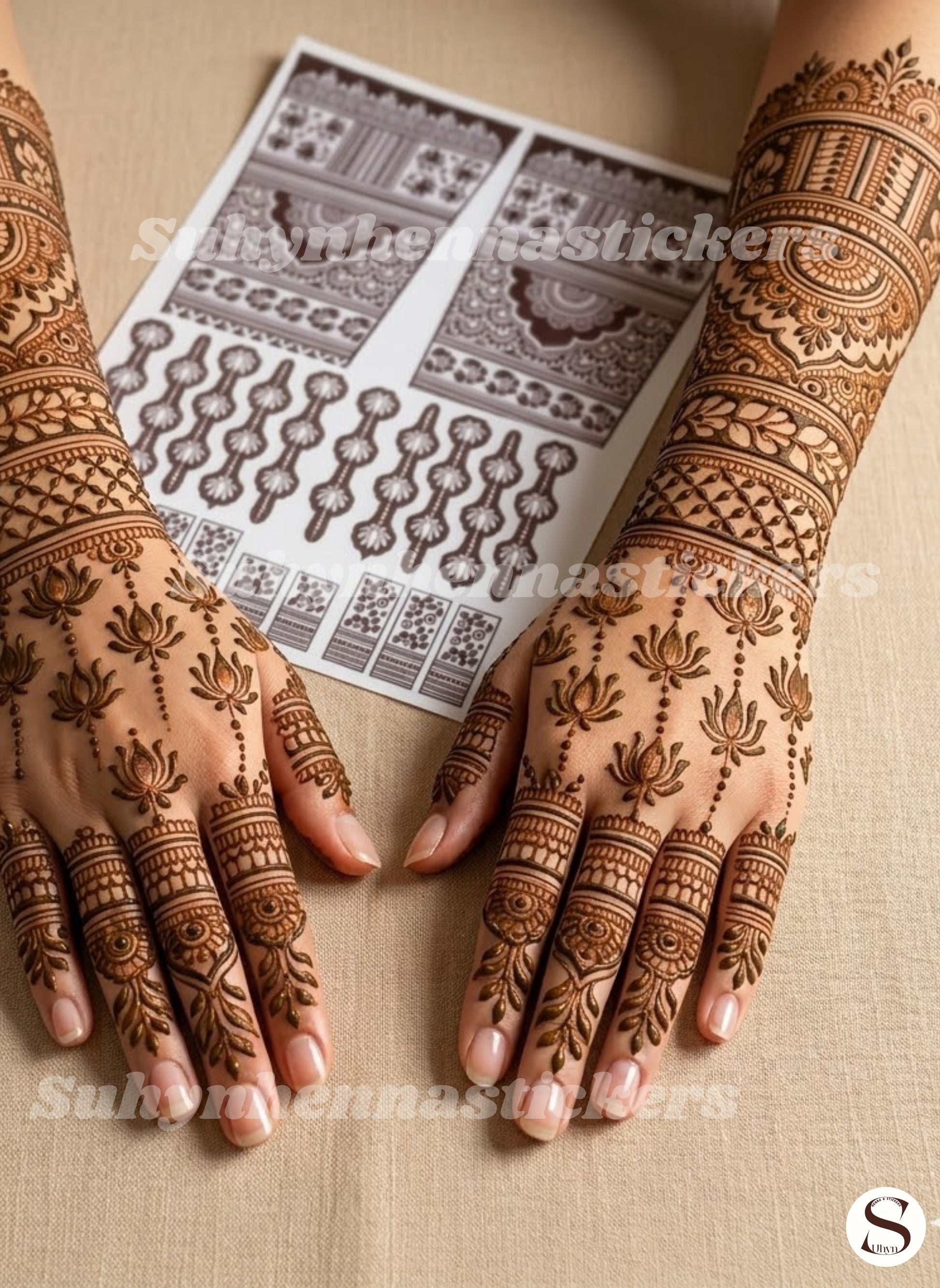Lotus cascade back hand mehendi sticker with hanging lotus motifs, decorative fingers, mandala wrist bands and floral forearm details by Suhyn
