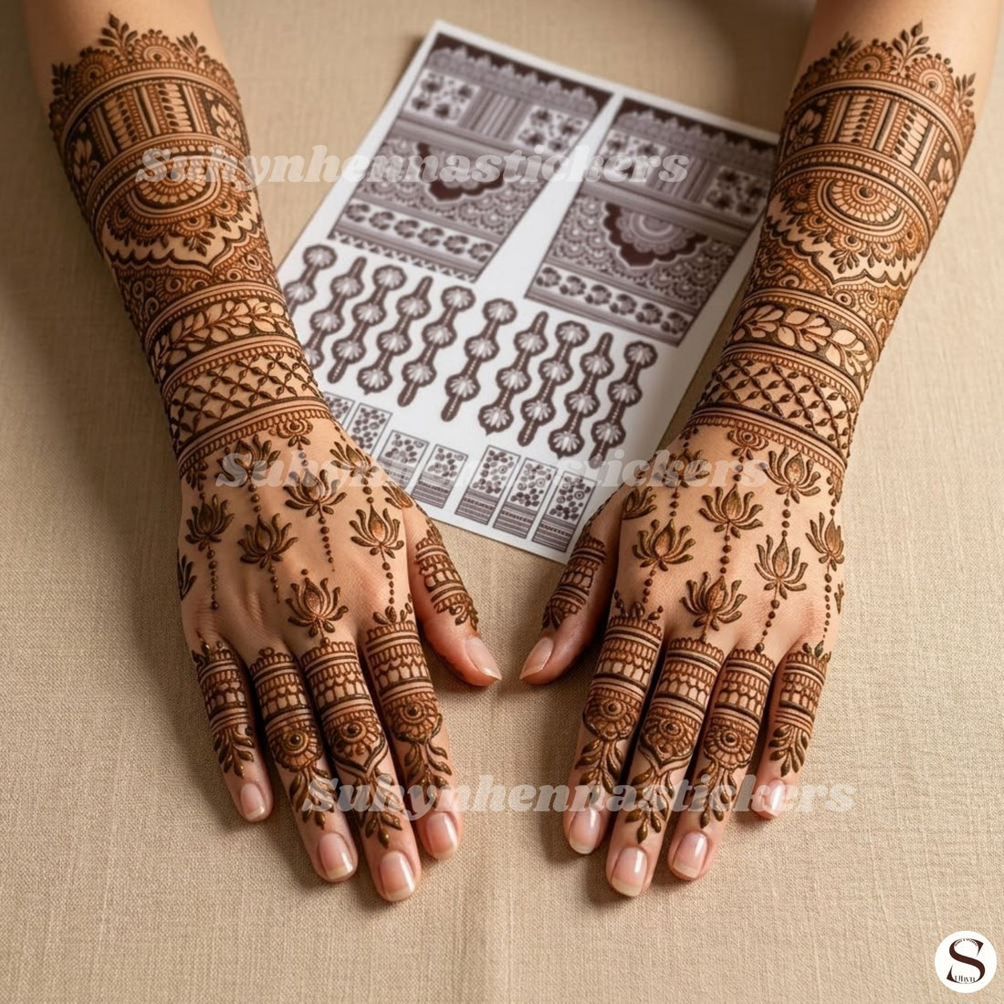 Lotus Cascade Wrist Bridal Mehendi Stencil with ornate wrist bands, hanging lotus motifs and decorated fingers by Suhyn
