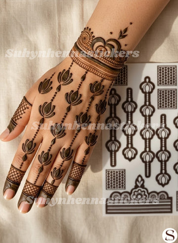 Minimal lotus mehendi sticker with hanging lotus motifs, dotted chains, lattice fingertips and simple wrist detailing by Suhyn
