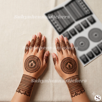 Lotus chakra minimal Mehendi stencil with circular lotus centre leafy wrist bands and coordinated finger motifs by Suhyn
