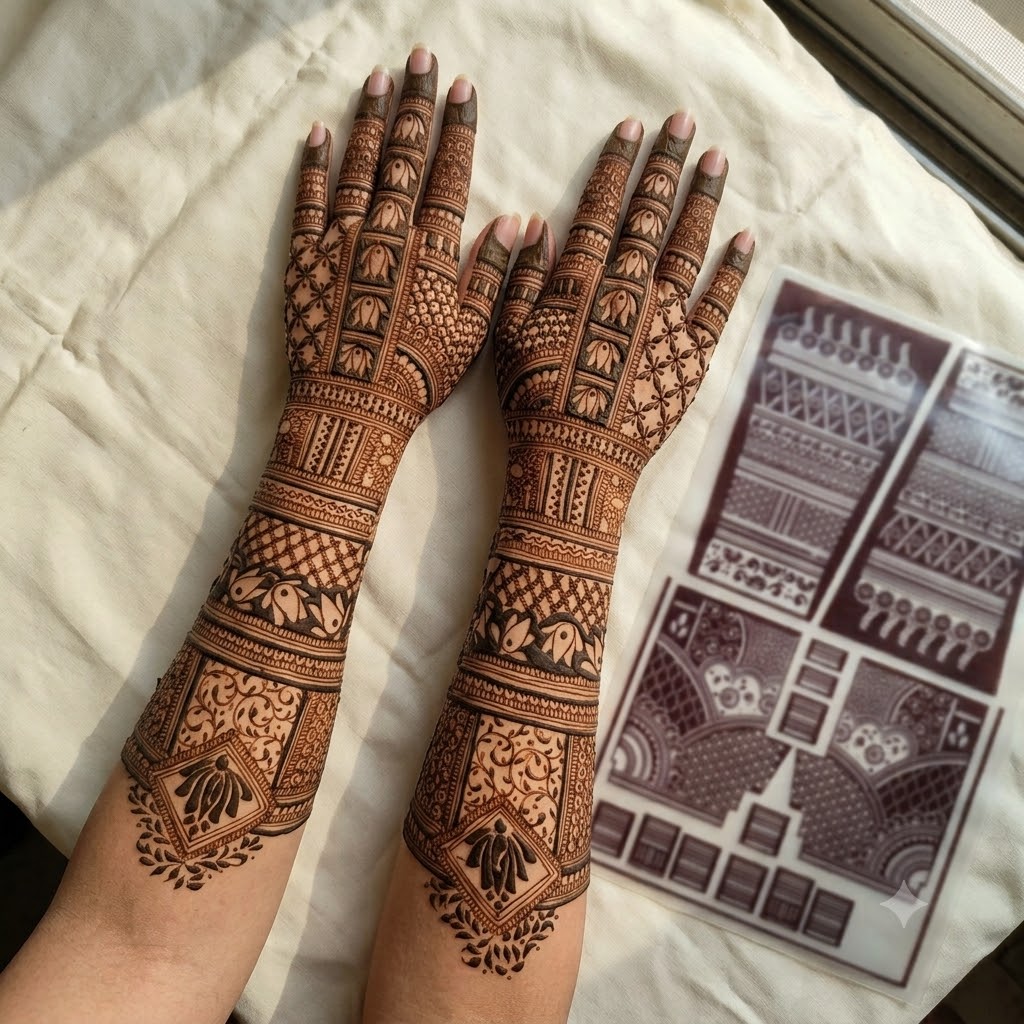Lotus geometric full hand Mehendi stencil with lattice panels floral sections and detailed bands by Suhyn
