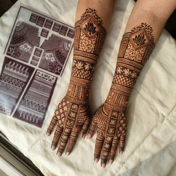 Lotus geometric full hand Mehendi stencil with lattice panels floral sections and detailed bands by Suhyn
