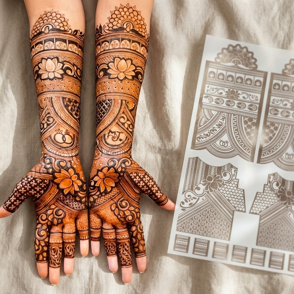 Elegant lotus themed mehendi sticker for hands with decorative bands, floral motifs and festive detailing by Suhyn
