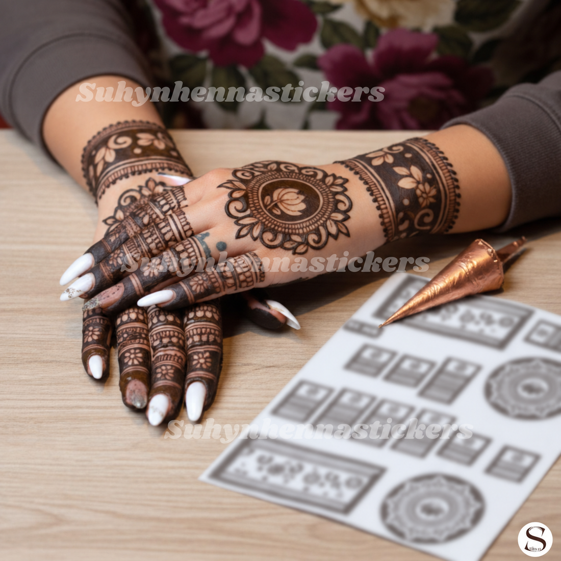 Lotus Medallion Band Mehendi Sticker featuring a circular lotus centre, floral wrist bands and coordinated patterned finger sections by Suhyn