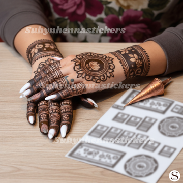 Lotus Medallion Band Mehendi Sticker featuring a circular lotus centre, floral wrist bands and coordinated patterned finger sections by Suhyn