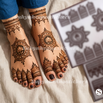 Lotus medallion foot Mehendi stencil with circular floral centres decorative toe bands and anklet-inspired borders by Suhyn

