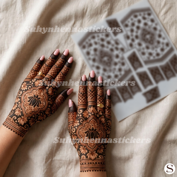 Lotus medallion full hand Mehendi stencil with floral framing lattice fingers and ornamental detailing by Suhyn
