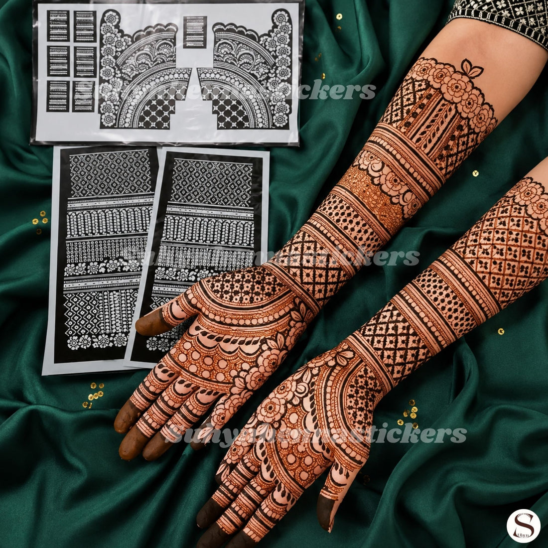 Majestic Grid Arc Bridal Mehendi Stencil with curved ornamental panels, geometric lattice sections, floral borders and detailed finger coverage by Suhyn
