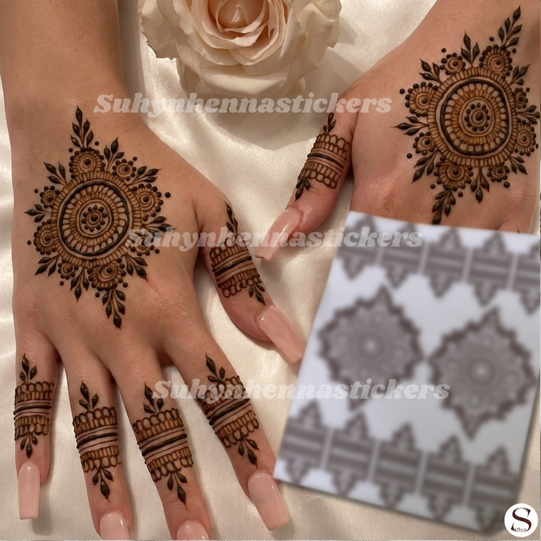 Mandala back hand mehendi sticker with floral border and matching finger band designs by SUHYN

