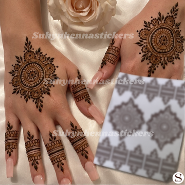 Mandala back hand mehendi sticker with floral border and matching finger band designs by SUHYN

