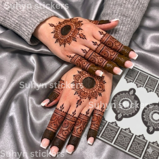 Mandala back hand mehendi sticker with matching detailed finger patterns
