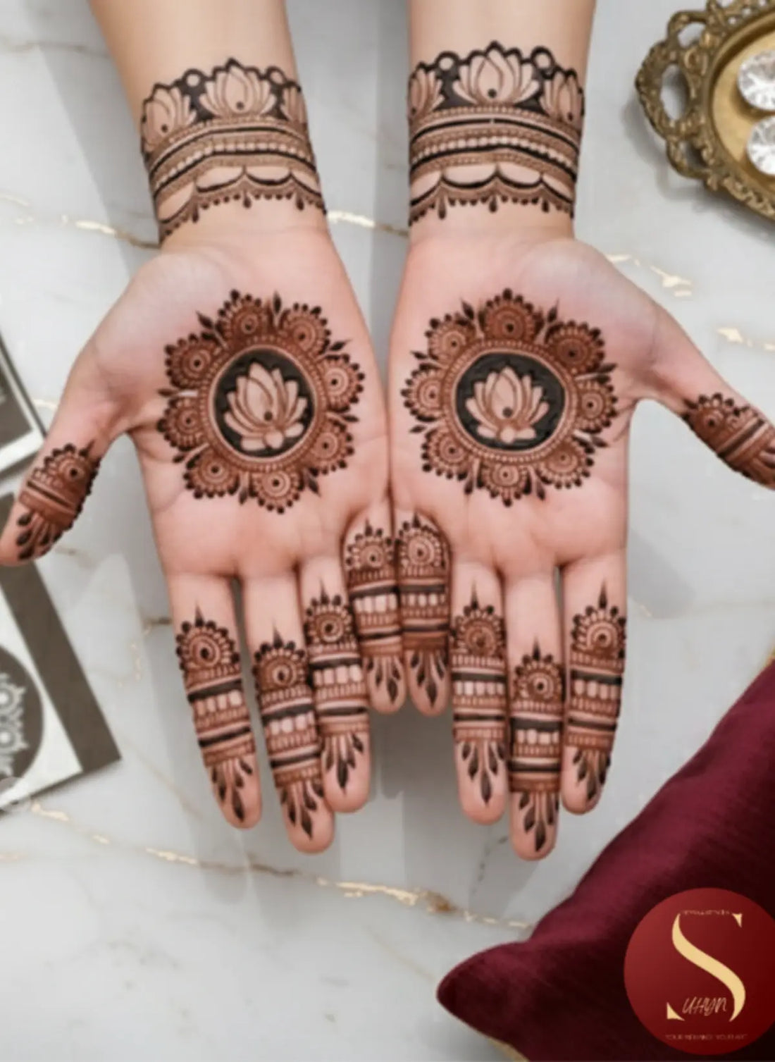 Mandala back hand mehendi sticker with matching detailed finger patterns
