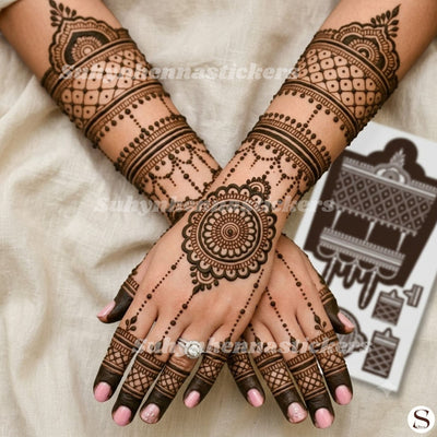 Mandala chain bridal Mehendi stencil with lattice and wrist band patterns by Suhyn
