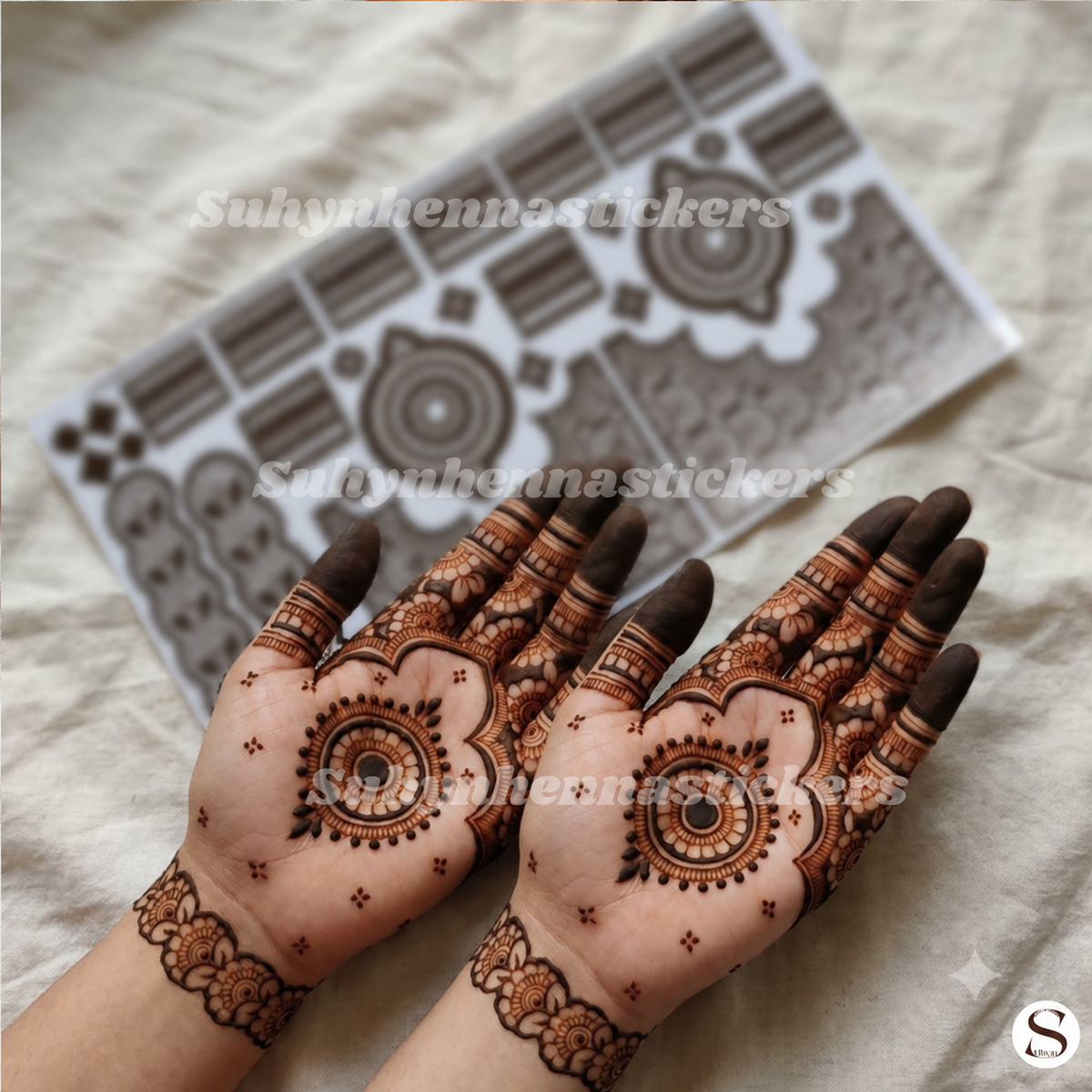 Simple mandala palm mehendi sticker with shaded fingertips, finger bands and wrist flowers by SUHYN