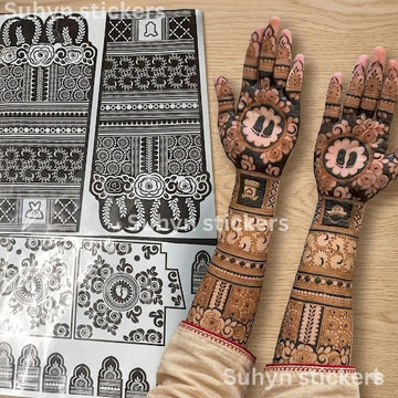Mom-to-be floral footprint mehendi sticker with baby feet palm motif, rose details, finger patterns and extended wrist design by Suhyn
