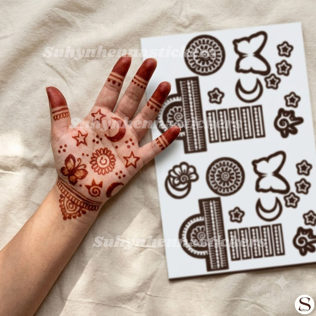 Playful moon and star mehendi sticker with butterfly, floral symbols, simple finger bands and cheerful decorative motifs by Suhyn

