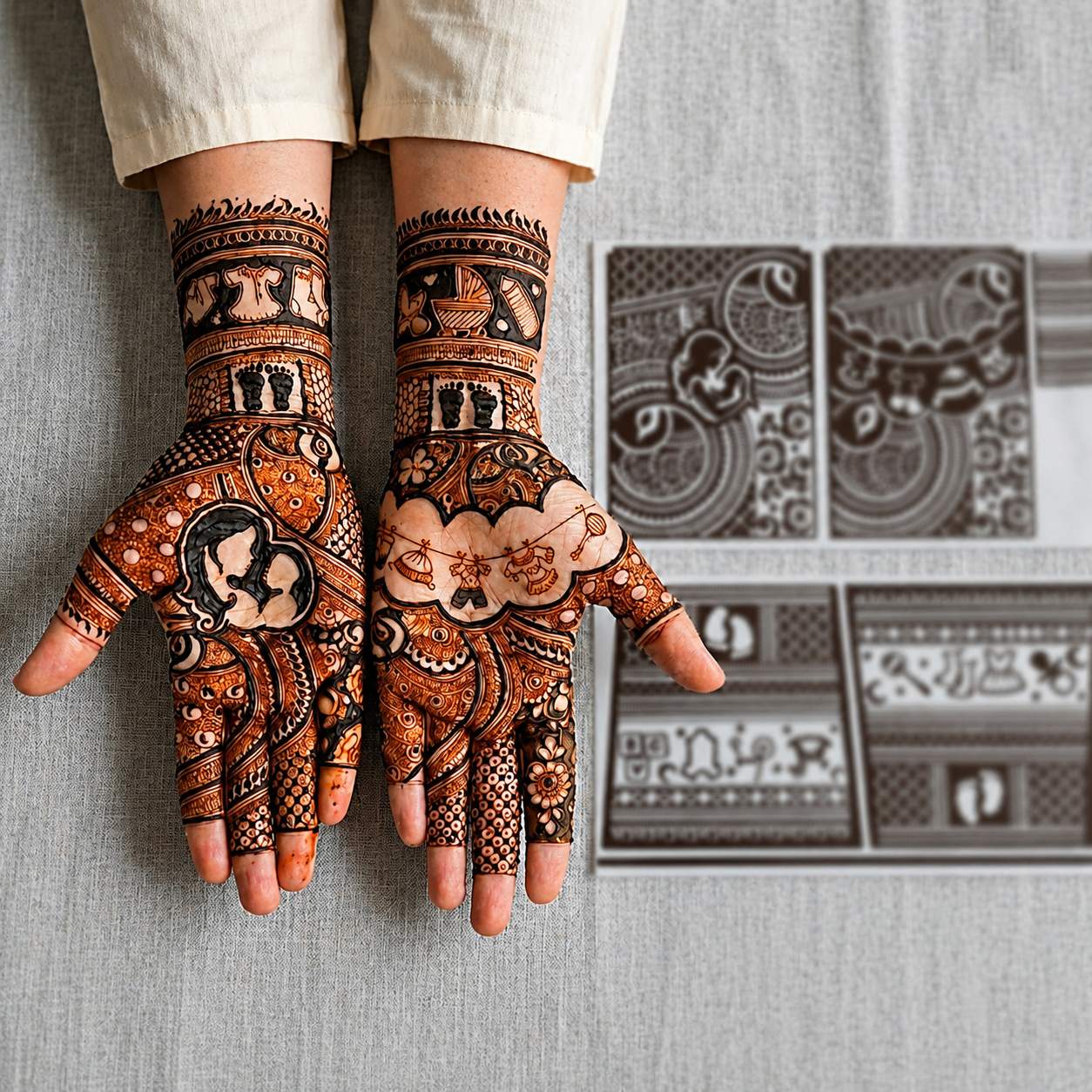 Motherhood themed mehendi sticker for hands with meaningful baby shower symbols and detailed festive pattern sections by Suhyn
