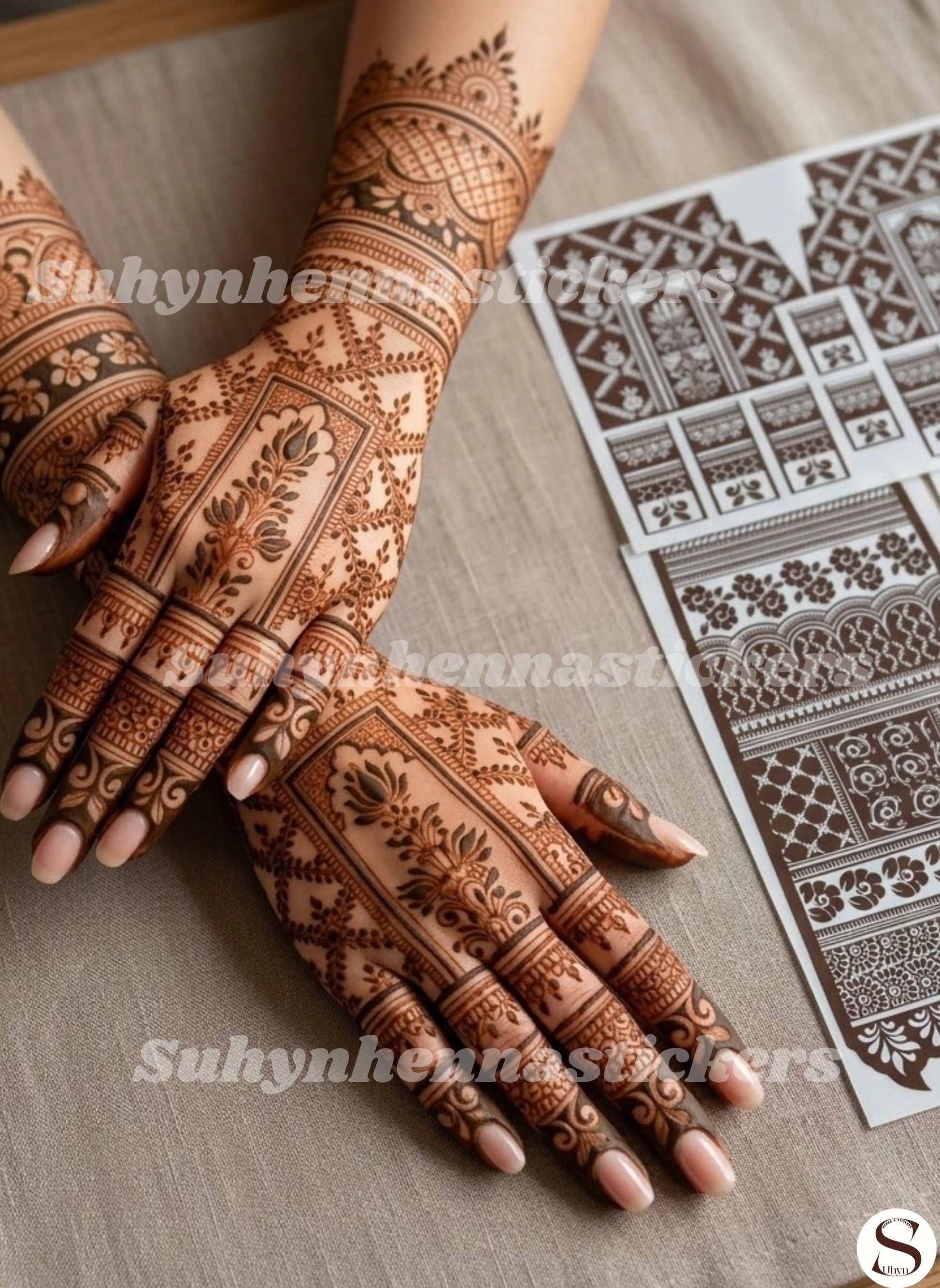 Mughal garden back hand mehendi sticker with floral panels, mesh patterns and detailed finger designs by Suhyn