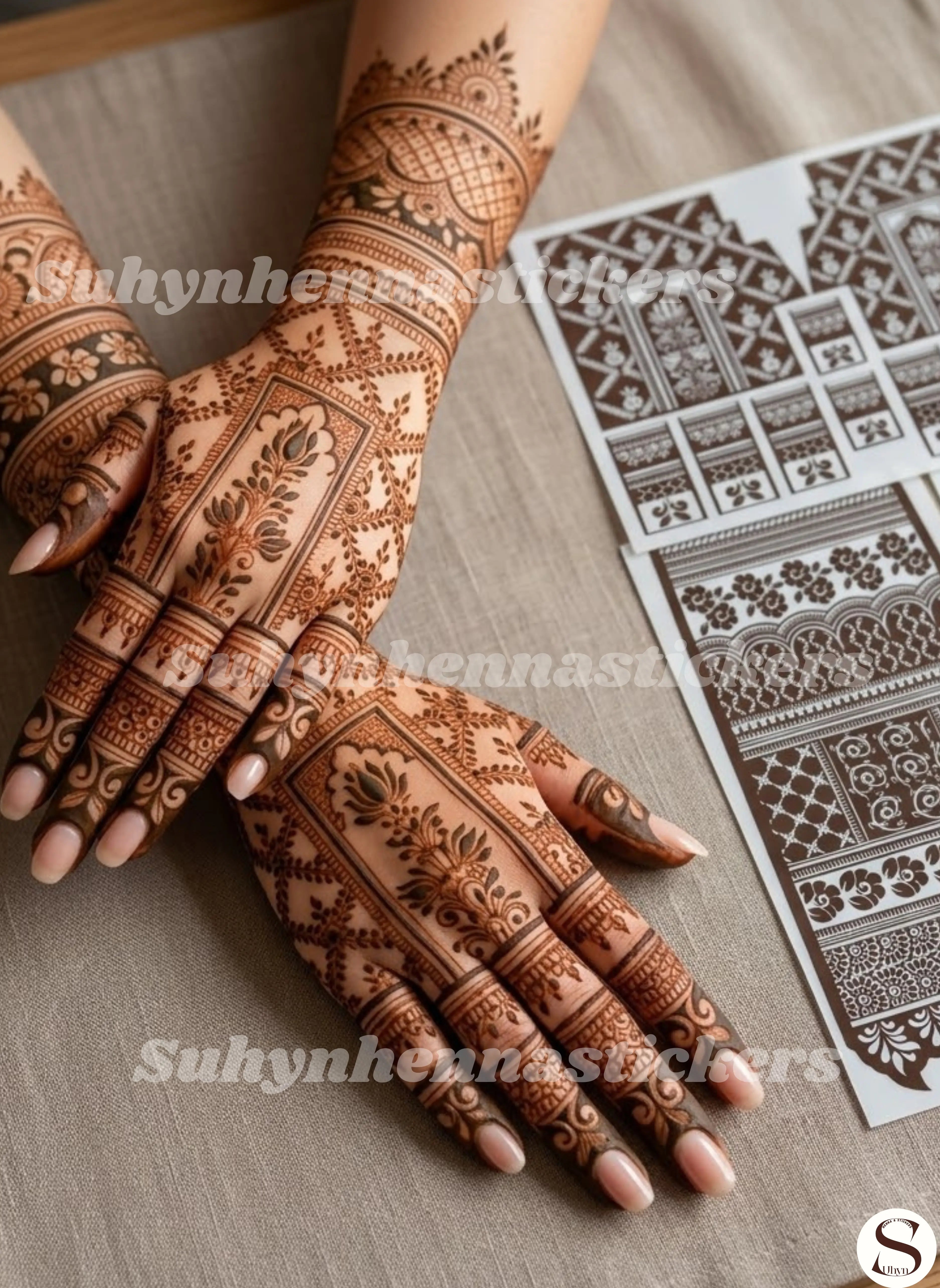 Mughal garden back hand mehendi sticker with floral panels, mesh patterns and detailed finger designs by Suhyn