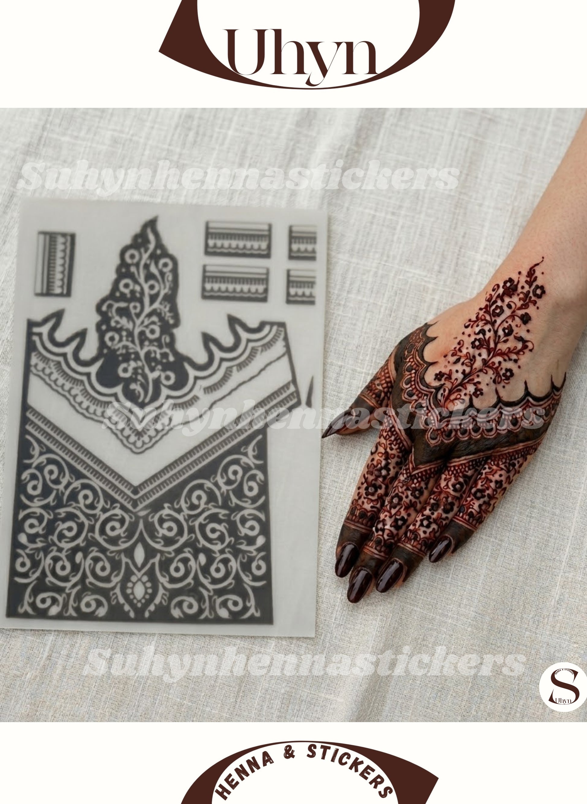 Single back-hand mehendi sticker with dark floral lace pattern, scalloped borders, and fine finger detailing by Suhyn

