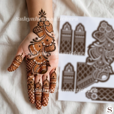 Paisley cascade Mehendi stencil with layered paisley curves circular accents lattice fingers and floral details by Suhyn