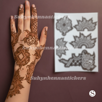 Paisley Garden Trail Mehendi Sticker featuring floral clusters, curved paisley elements, leafy extensions and flowing hand decoration by Suhyn
