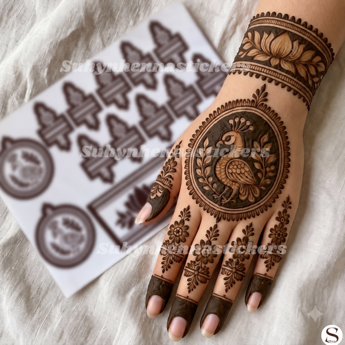 Peacock back hand mehendi sticker with round mandala, floral fingers and lotus wrist design by SUHYN