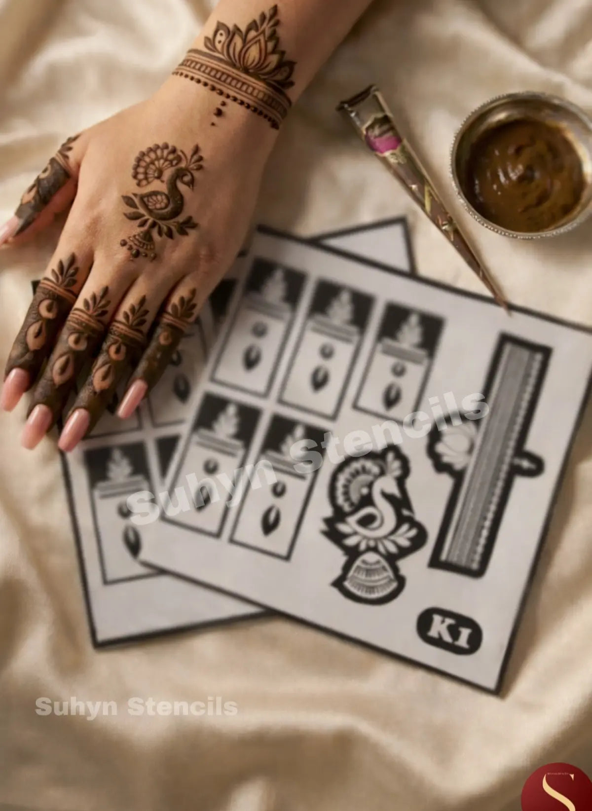 Peacock back hand mehendi sticker with leaf and finger patterns
