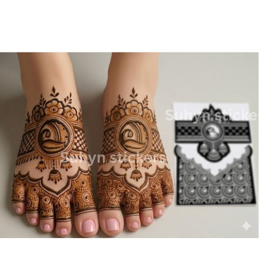 Peacock leg mehendi sticker with floral ankle and feet design
