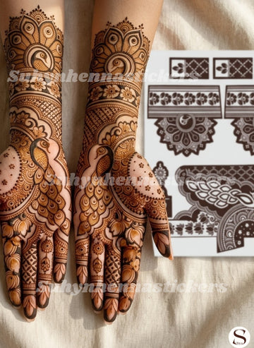 Peacock full hand mehendi stencil with large bird motifs, floral borders, lattice sections and detailed finger patterns by Suhyn
