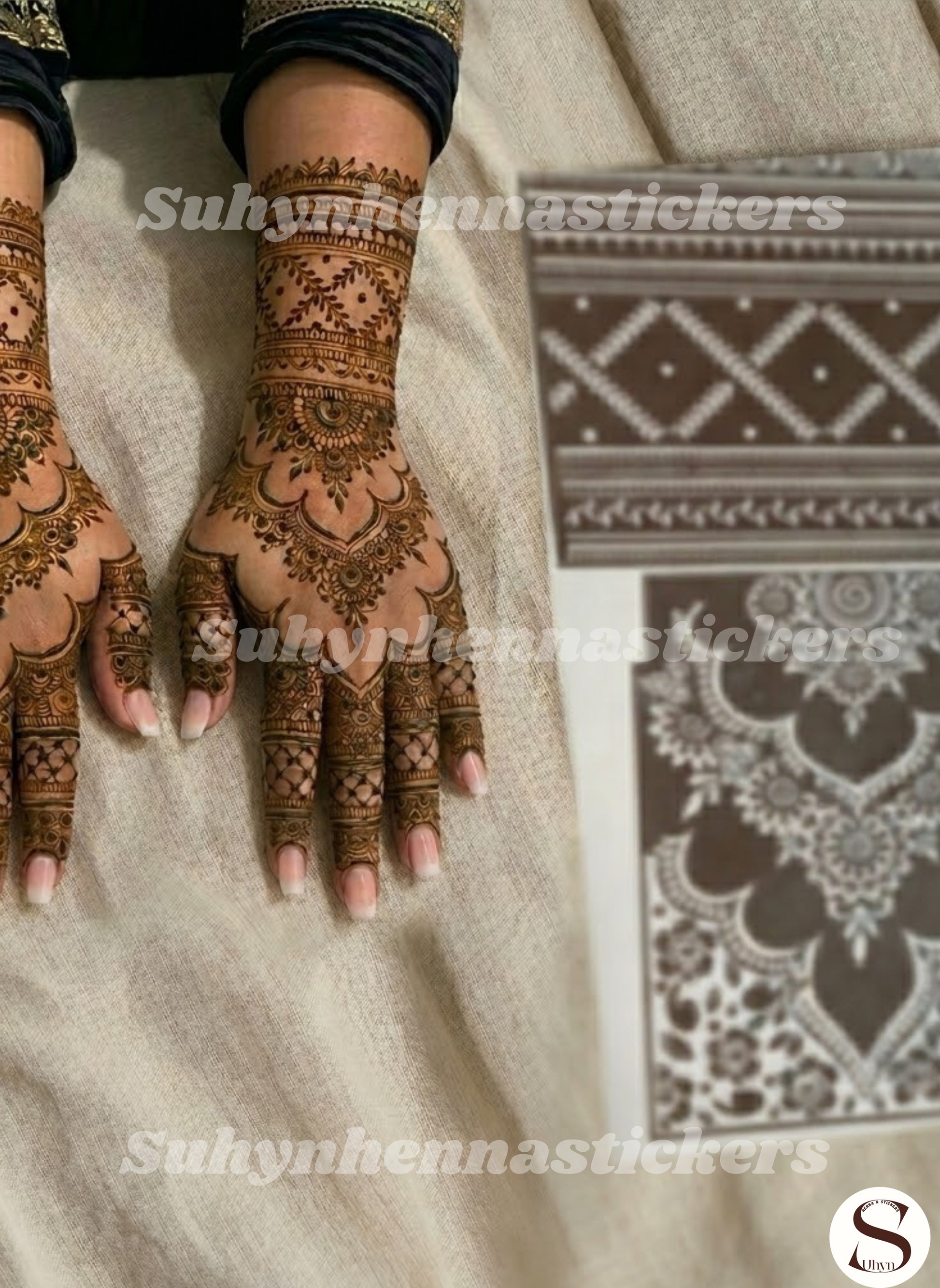 Backhand mehendi stencil with pendant-shaped ornamental layers, scalloped floral sections, lattice fingers and extended wrist bands by Suhyn
