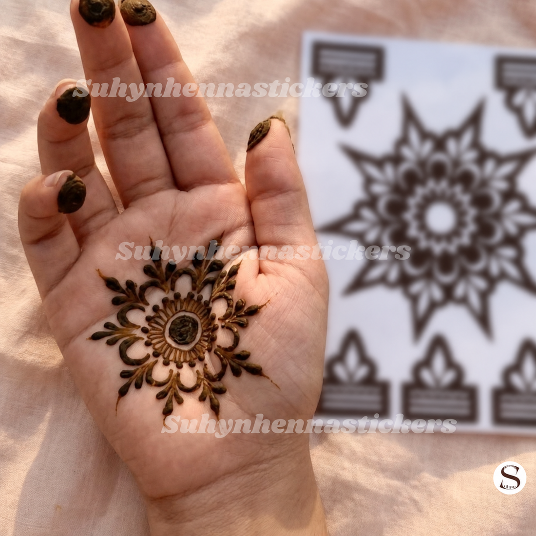 Radiant petal palm Mehendi stencil with layered flower centre pointed petals and leafy accents by Suhyn
