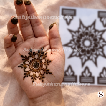 Radiant petal palm Mehendi stencil with layered flower centre pointed petals and leafy accents by Suhyn
