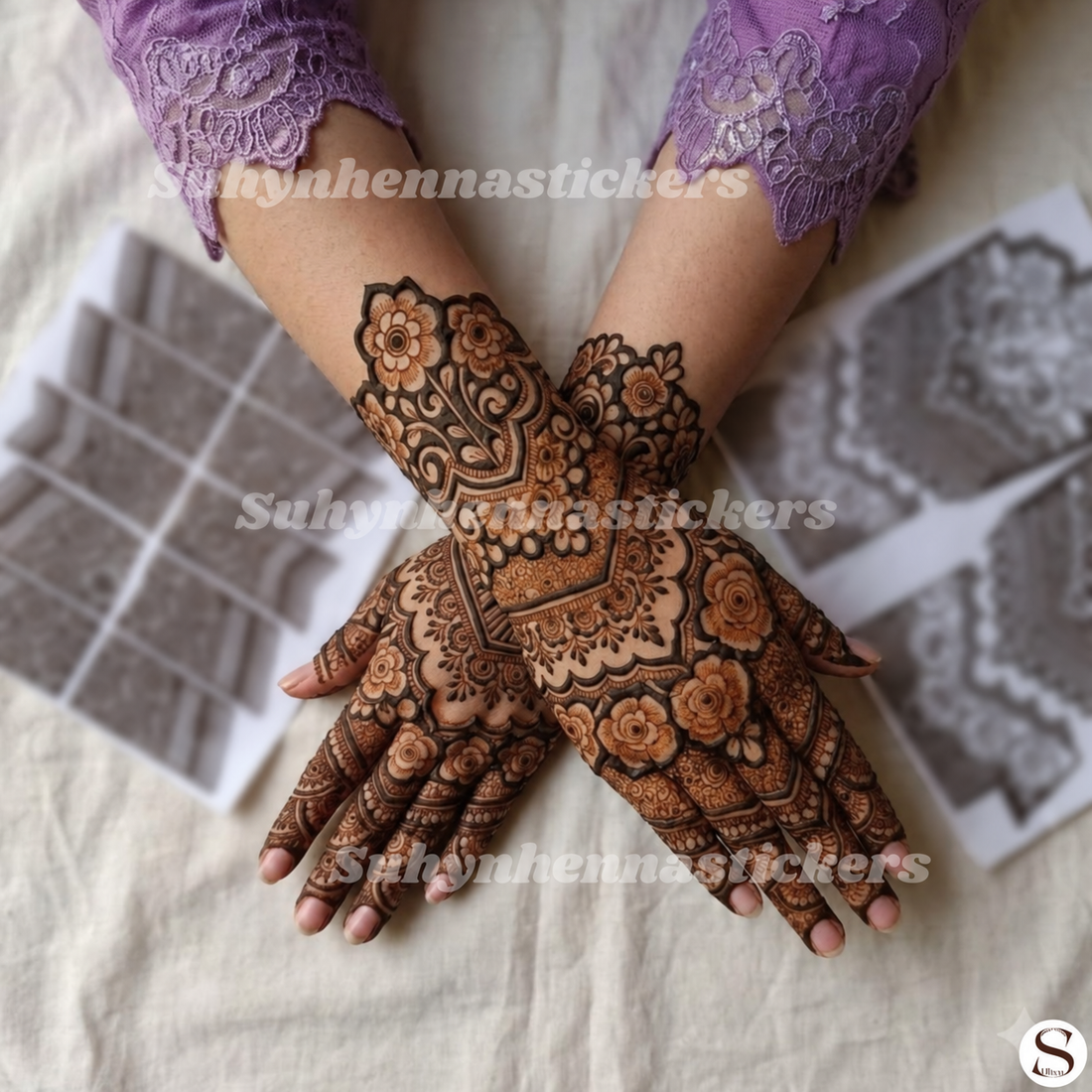 Regal blossom bridal Mehendi stencil with layered floral panels ornamental arches and intricate finger detailing by Suhyn
