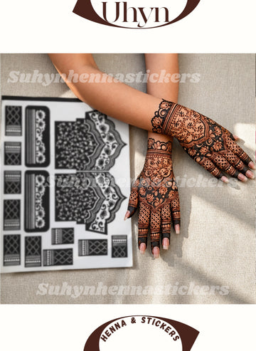 Full-hand bridal mehendi sticker with dense floral panels, lattice detailing, and coordinated back-hand finger design by Suhyn
