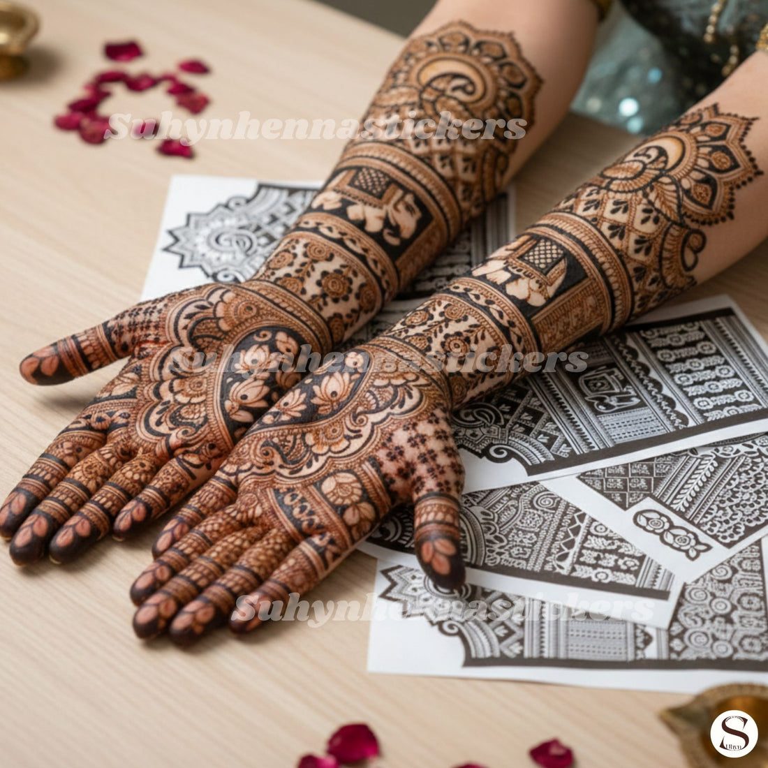 Regal Lotus Pavilion Mehendi Stencil with layered lotus arches, ornamental panels, fine finger detailing and extended festive coverage by Suhyn
