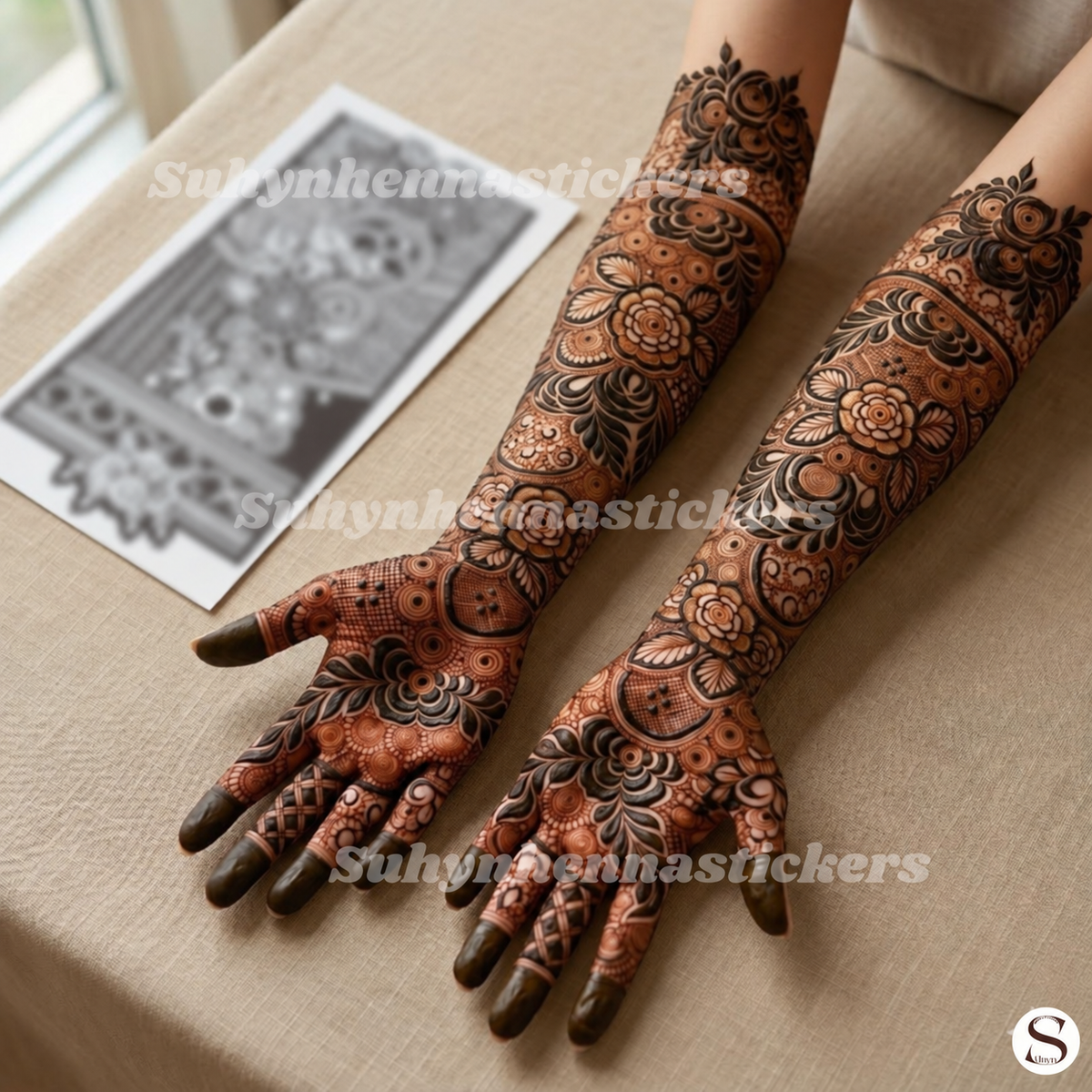 Rose Garden Full Bridal Mehendi Stencil with dense floral patterns, circular detailing, filled fingers and rich forearm coverage by Suhyn
