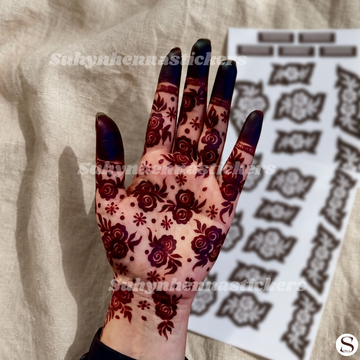 Rose scatter Mehendi stencil with small rose clusters leaves dots and floral hand coverage by Suhyn
