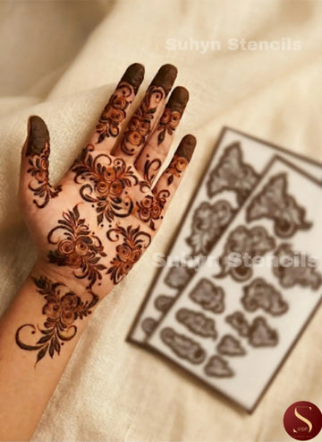 Rose trail Arabic mehendi sticker with flowing floral clusters, leafy curves and coordinated finger designs extending from wrist to hand
